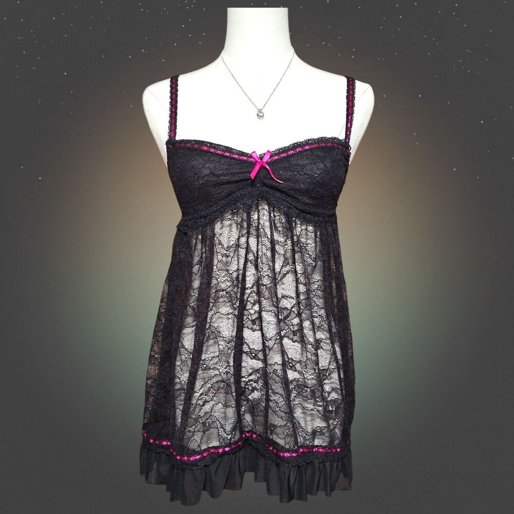 Pucker Up M Babydoll Slip Dress Black Pink Y2K Coquette Lace Ruffle
